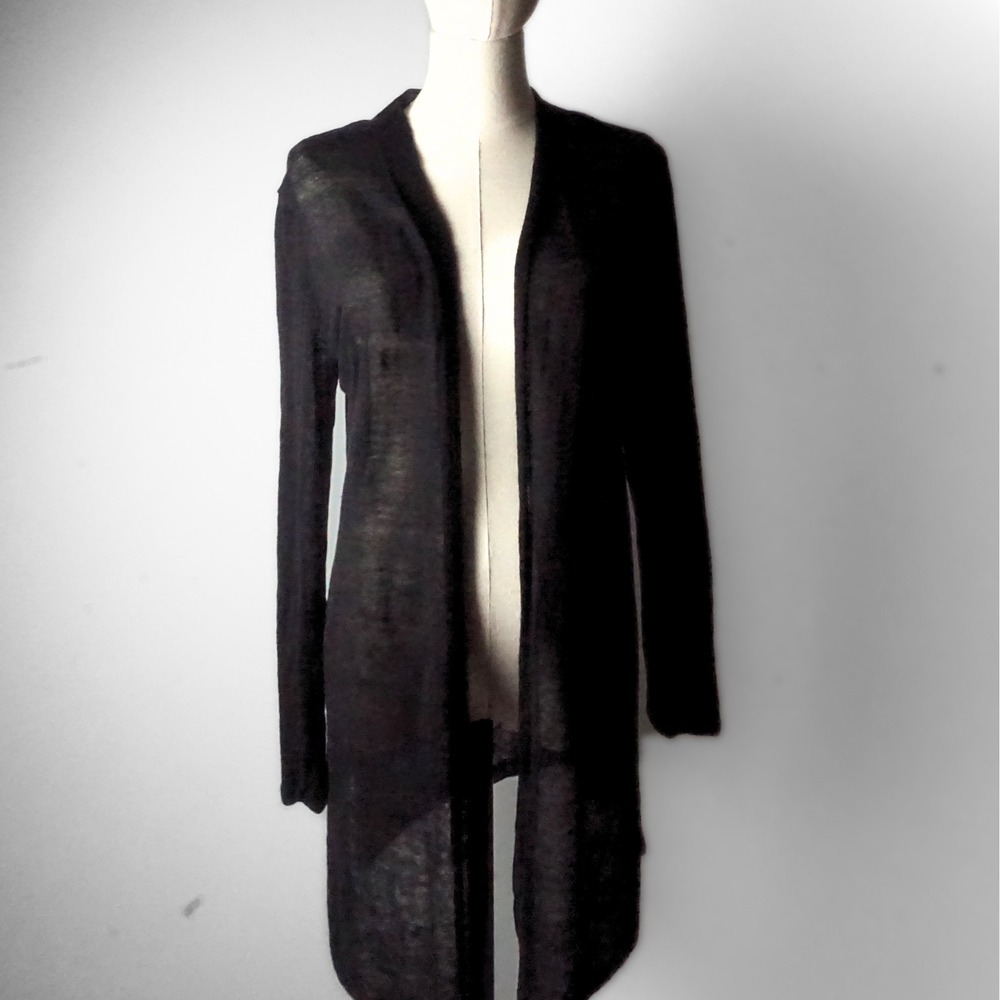 NIC+ZOE Womens Black Linen Blend Open Front Longline Sheer Cardigan Size M
